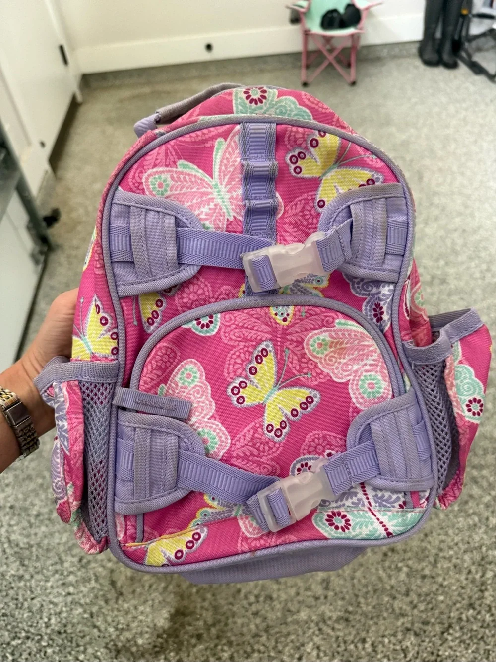 Pink Butterfly Kids Backpack with Purple Accents